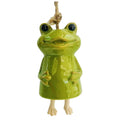Glossy green frog-shaped porcelain body; Hanging jute-style rope tied at the top; Rounded body with small frog arms on sides; Beige dangling frog feet beneath the body; Large black eyes and smiling frog face;