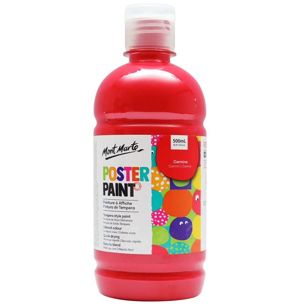 Red carmine colour paint; Transparent plastic bottle; 500ml capacity; Flip-top cap dispenser; Multi-coloured label with Mont Marte branding;