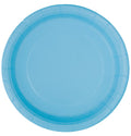 solid powder blue colour; round shape; paper material; 18cm (7 inch) diameter; pack of 8 plates;