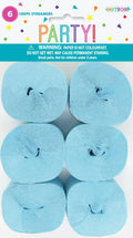 powder blue colour; 6 rolls of streamers; crepe paper material; packed in plastic blister; party label with confetti design;