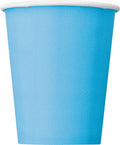 powder blue colour; paper material; cylindrical cup shape; white rim around the top;