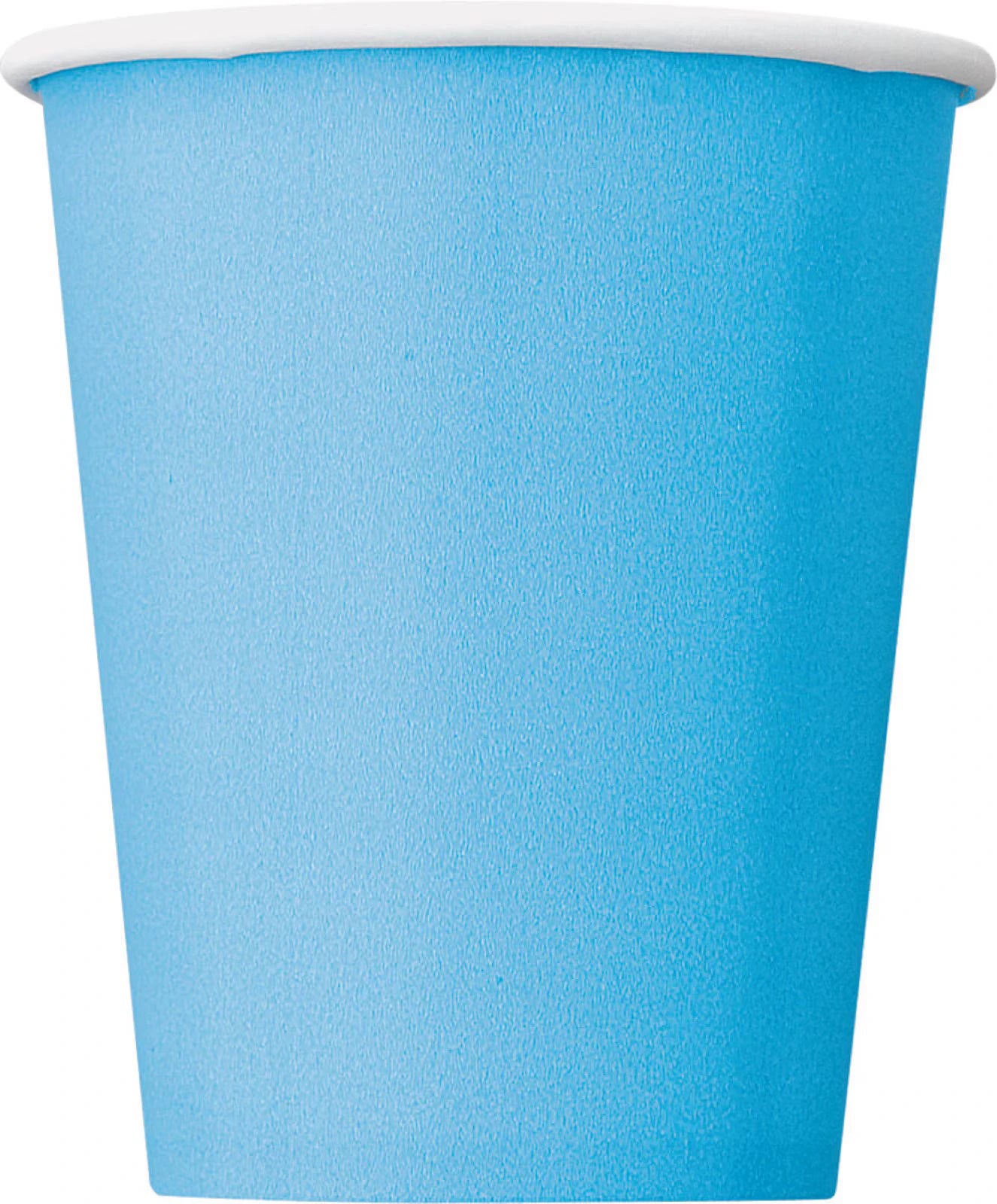 powder blue colour; paper material; cylindrical cup shape; white rim around the top;