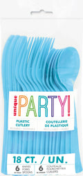 powder blue colour; plastic material; includes knives, forks, spoons; packaged in clear plastic bag with labelled sleeve;