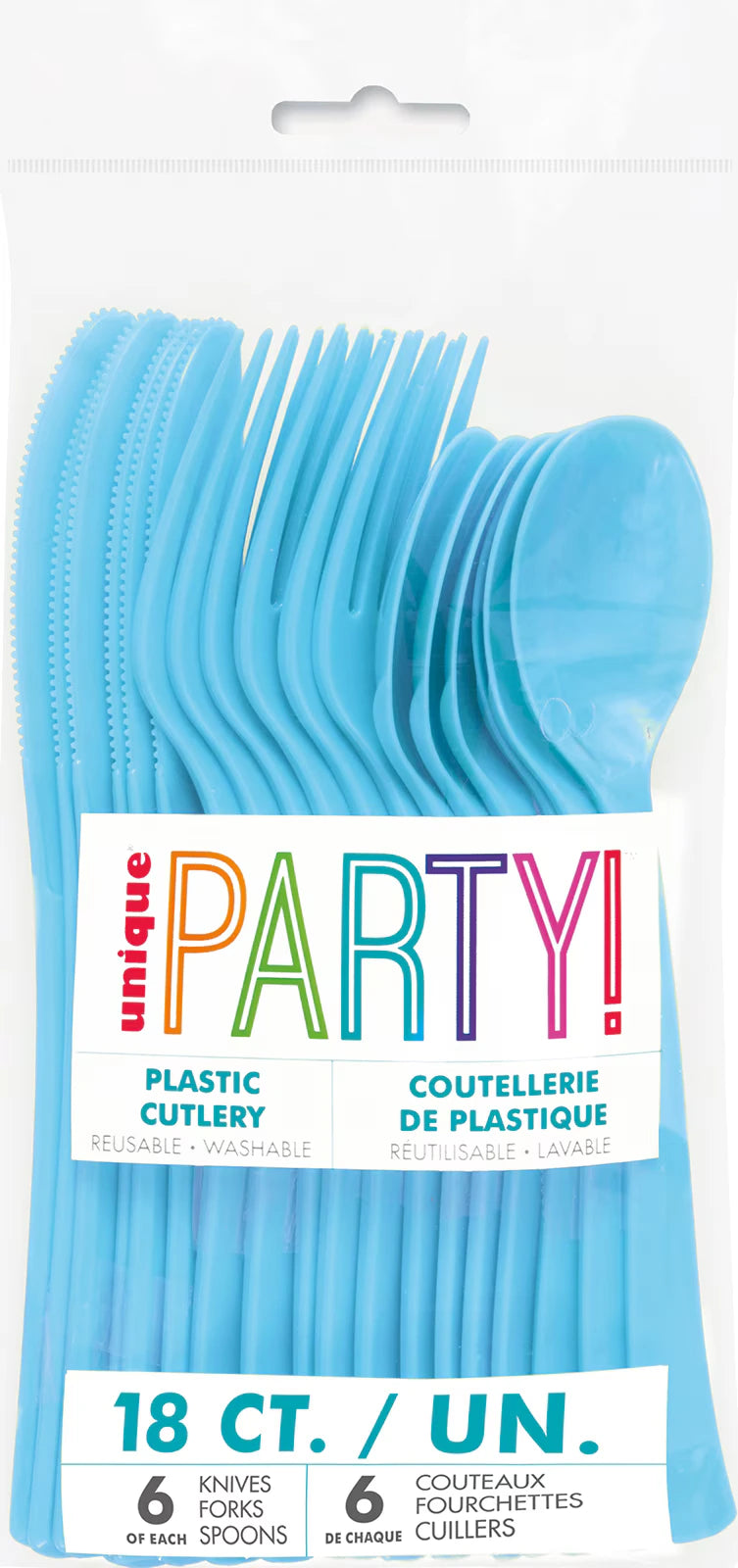 powder blue colour; plastic material; includes knives, forks, spoons; packaged in clear plastic bag with labelled sleeve;