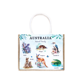 rectangular shape; white background with animal illustrations; natural jute sides and base; white cotton handles; colourful detailed animal pictures;