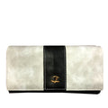 grey wallet with black vertical stripe; small gold kangaroo emblem on front; clip closure; stitching along edges;