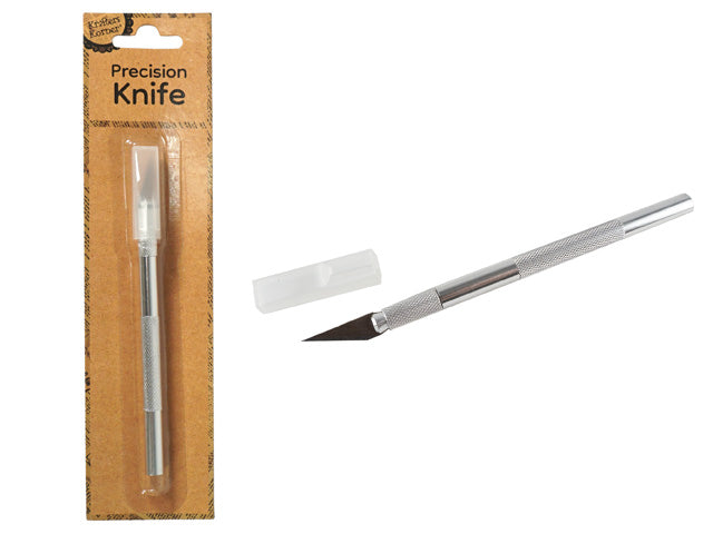 silver metal handle with textured grip; sharp pointed blade; plastic protective cap; cardboard packaging with clear plastic cover;