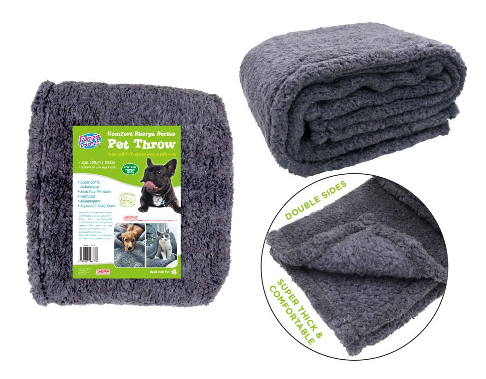 dark grey colour; soft sherpa fleece material; thick and fluffy texture; square 1m x 1m size; double-sided design;