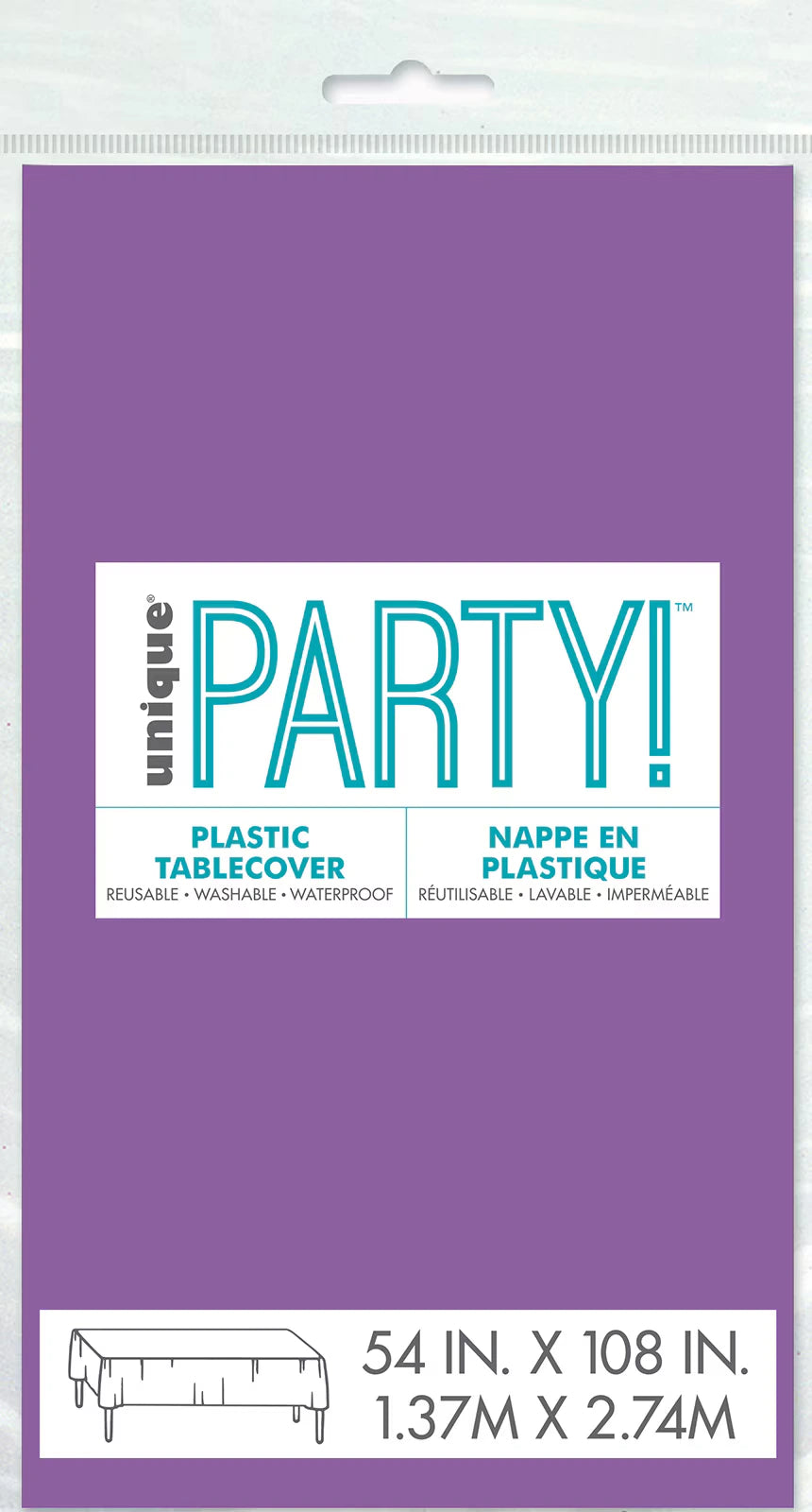 Purple colour; Rectangle shape; Plastic material; Compact packaged; Dimensions printed 137cm x 274cm;