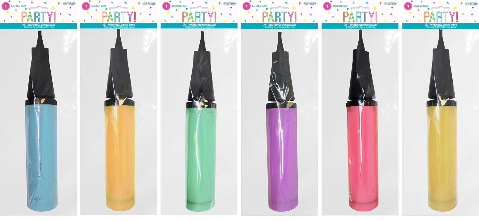 Balloon pump with black nozzle; Body in assorted translucent colours including blue, yellow, green, purple, pink; Plastic material; Packaged in clear plastic bag with header card;