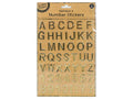 gold coloured puffy letters; includes uppercase alphabet and numbers; packaged on a brown kraft card backing; letters and numbers have a raised puffed texture;