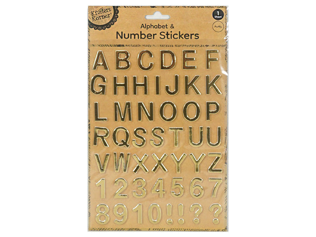 gold coloured puffy letters; includes uppercase alphabet and numbers; packaged on a brown kraft card backing; letters and numbers have a raised puffed texture;