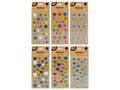 assorted colours including blue, yellow, purple, pink, silver; heart and star shapes; puffy 3D design; packaging with kraft paper header; stickers in assorted sizes;