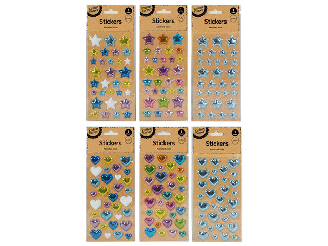 assorted colours including blue, yellow, purple, pink, silver; heart and star shapes; puffy 3D design; packaging with kraft paper header; stickers in assorted sizes;