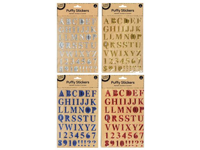 48 letters, numbers and symbols on each pack; Silver, gold, blue and red colour options; Packaged on cardboard backing; Puffy, raised style letters and numbers;