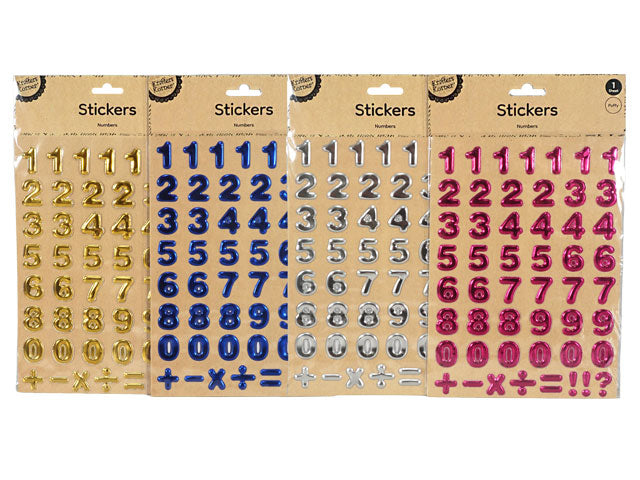 puffy texture; metallic finish; numbers 0-9 with symbols; four colour options: gold, blue, silver, pink;