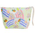 pastel pink, blue, green and yellow colour palette; orange fruit and palm tree print; cotton and polyester canvas material; rope strap attached; zip closure on top;