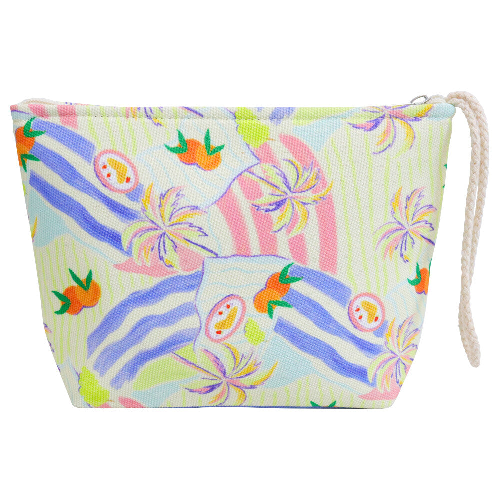 pastel pink, blue, green and yellow colour palette; orange fruit and palm tree print; cotton and polyester canvas material; rope strap attached; zip closure on top;
