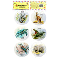 Round shape; PVC material; 6 coasters in set; Colourful animal illustrations; Includes koala, kangaroo, turtle, crocodile, kookaburra, wombat;