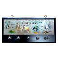 rectangular black base; decorative metal panel with Australian animal illustrations; six silver metal hooks; two wall mounting rings on top edge;