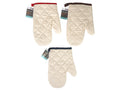 cream quilted fabric; coloured trim edges in red, brown, and navy; loop for hanging; standard oven mitt shape;