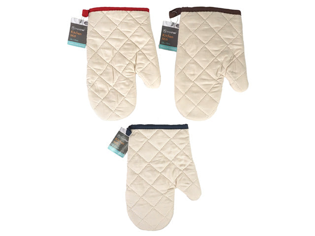 cream quilted fabric; coloured trim edges in red, brown, and navy; loop for hanging; standard oven mitt shape;