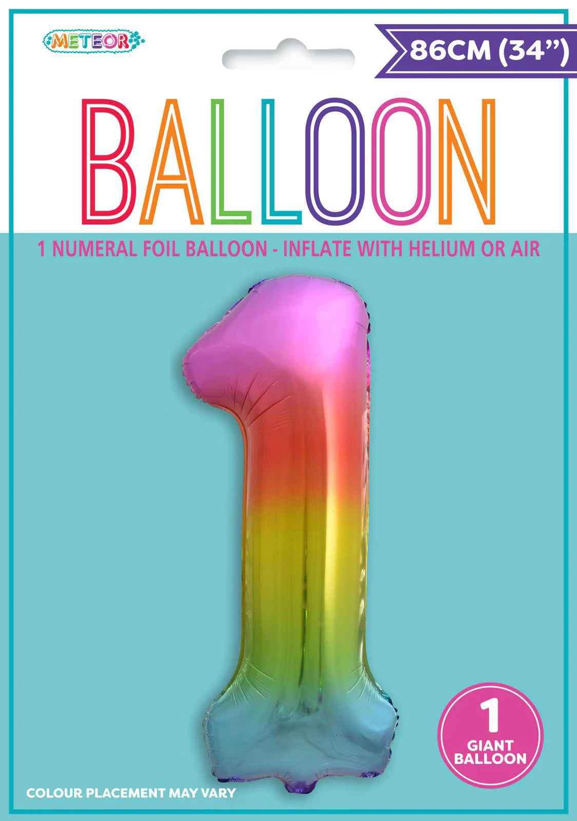 Rainbow gradient colour from pink to blue; Foil material with shiny finish; Balloon shaped as number 1; Package displays balloon size as 86cm (34 inches); Single foil balloon per pack;