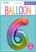 Rainbow gradient colours; Number 6 shaped balloon; Foil material with shiny finish; 34 inch (86cm) size; Packaged with branded backing card;