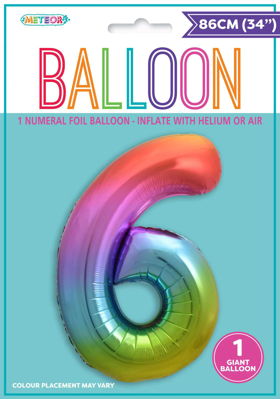 Rainbow gradient colours; Number 6 shaped balloon; Foil material with shiny finish; 34 inch (86cm) size; Packaged with branded backing card;