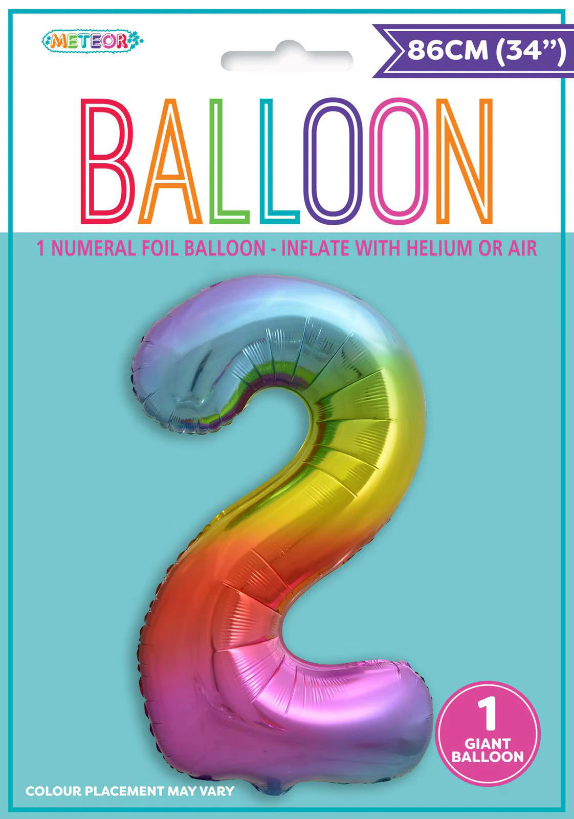 Rainbow gradient colours; Number 2 shape; Foil material; 86cm (34 inch) size; Retail pack with hanging hole;