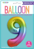 Rainbow gradient colours on balloon; Foil material with shiny surface; Number 9 shape; 86cm (34 inch) size indicated on packaging; Single balloon in packaging;