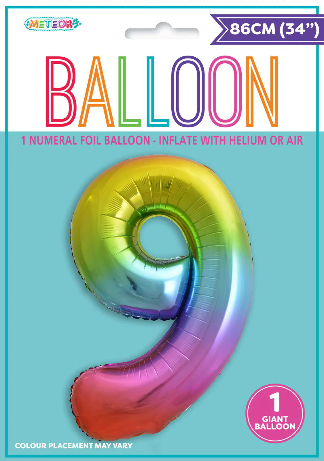 Rainbow gradient colours on balloon; Foil material with shiny surface; Number 9 shape; 86cm (34 inch) size indicated on packaging; Single balloon in packaging;