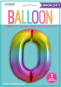 rainbow gradient colours; foil material; number 0 shape; package states 86cm (34") size; single balloon package;