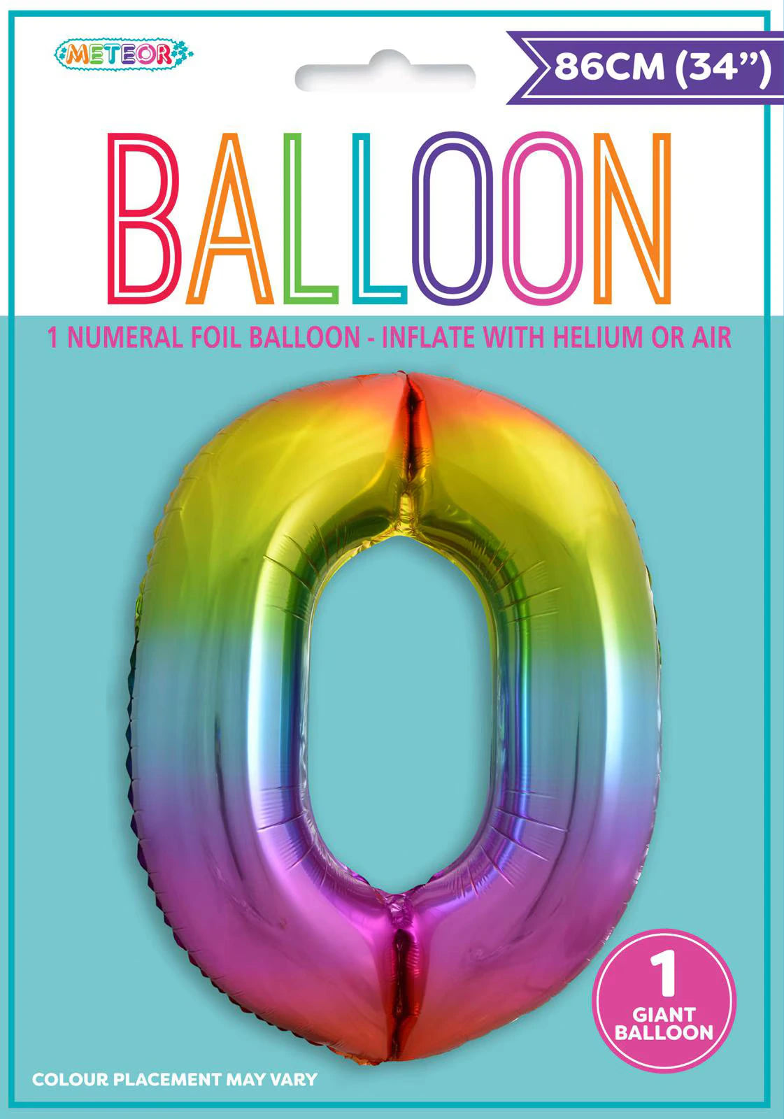 rainbow gradient colours; foil material; number 0 shape; package states 86cm (34") size; single balloon package;