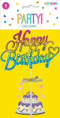 Rainbow gradient colours on text; Gold bow decoration; Clear plastic material; Heart shape detail on text; Stick base for insertion;