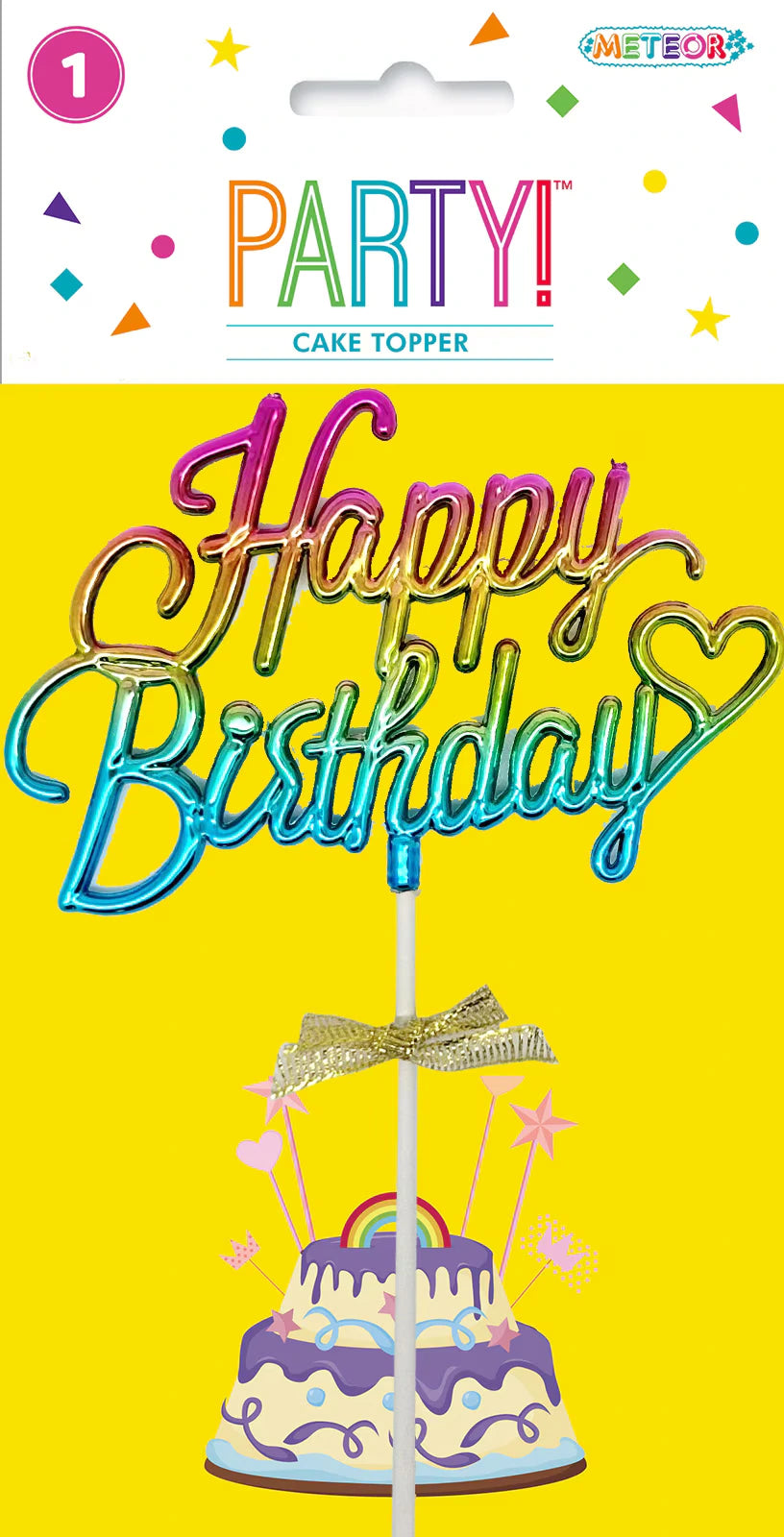 Rainbow gradient colours on text; Gold bow decoration; Clear plastic material; Heart shape detail on text; Stick base for insertion;