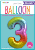 Rainbow gradient colours; Number 3 shape; Foil material balloon; Packaging with Meteor brand;