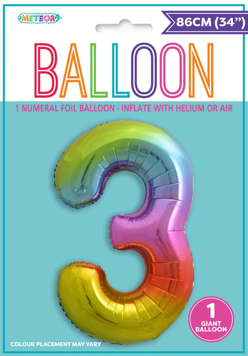 Rainbow gradient colours; Number 3 shape; Foil material balloon; Packaging with Meteor brand;