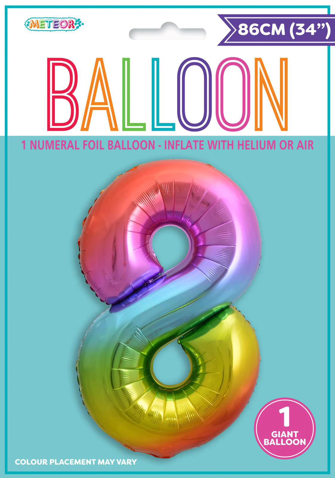 Rainbow coloured foil balloon; Number 8 shape; 34 inch (86 cm) size; Packaging shows product with clear window;