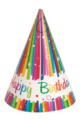 cone-shaped party hat; rainbow-coloured vertical stripes; 'Happy Birthday' text on base; cardboard material; decorative ribbon design;