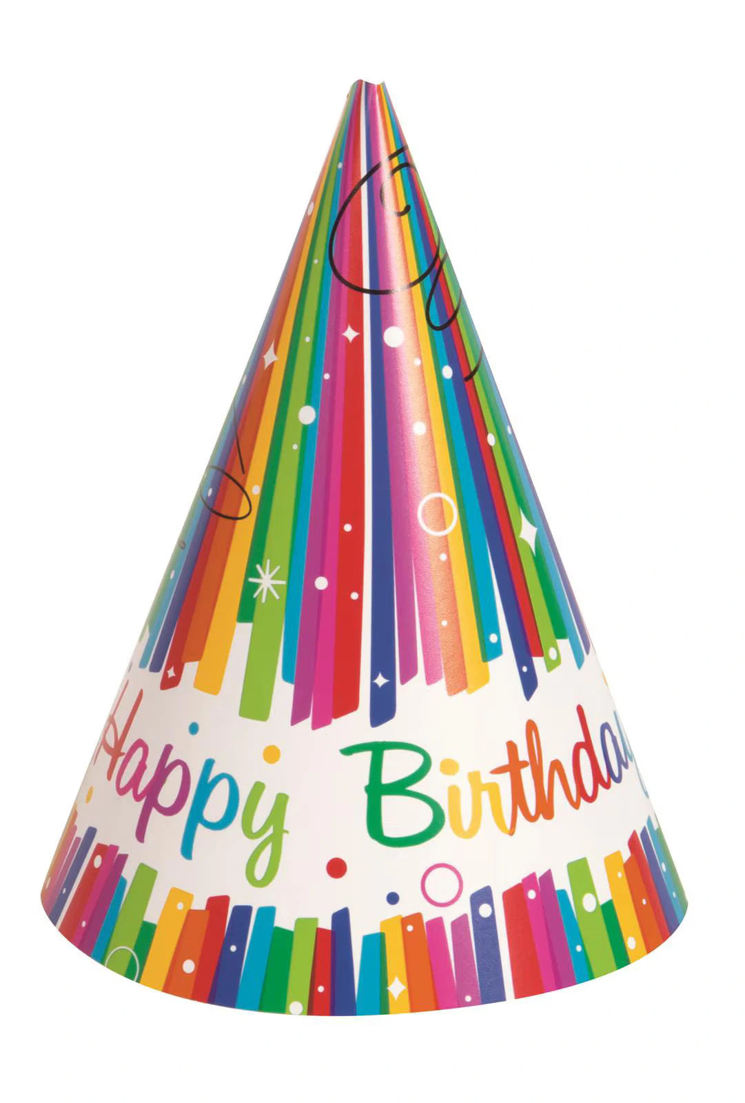 cone-shaped party hat; rainbow-coloured vertical stripes; 'Happy Birthday' text on base; cardboard material; decorative ribbon design;