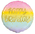 Round foil balloon; Rainbow gradient colours; Gold "happy birthday" text; Small gold star accents; Packaged in clear plastic;