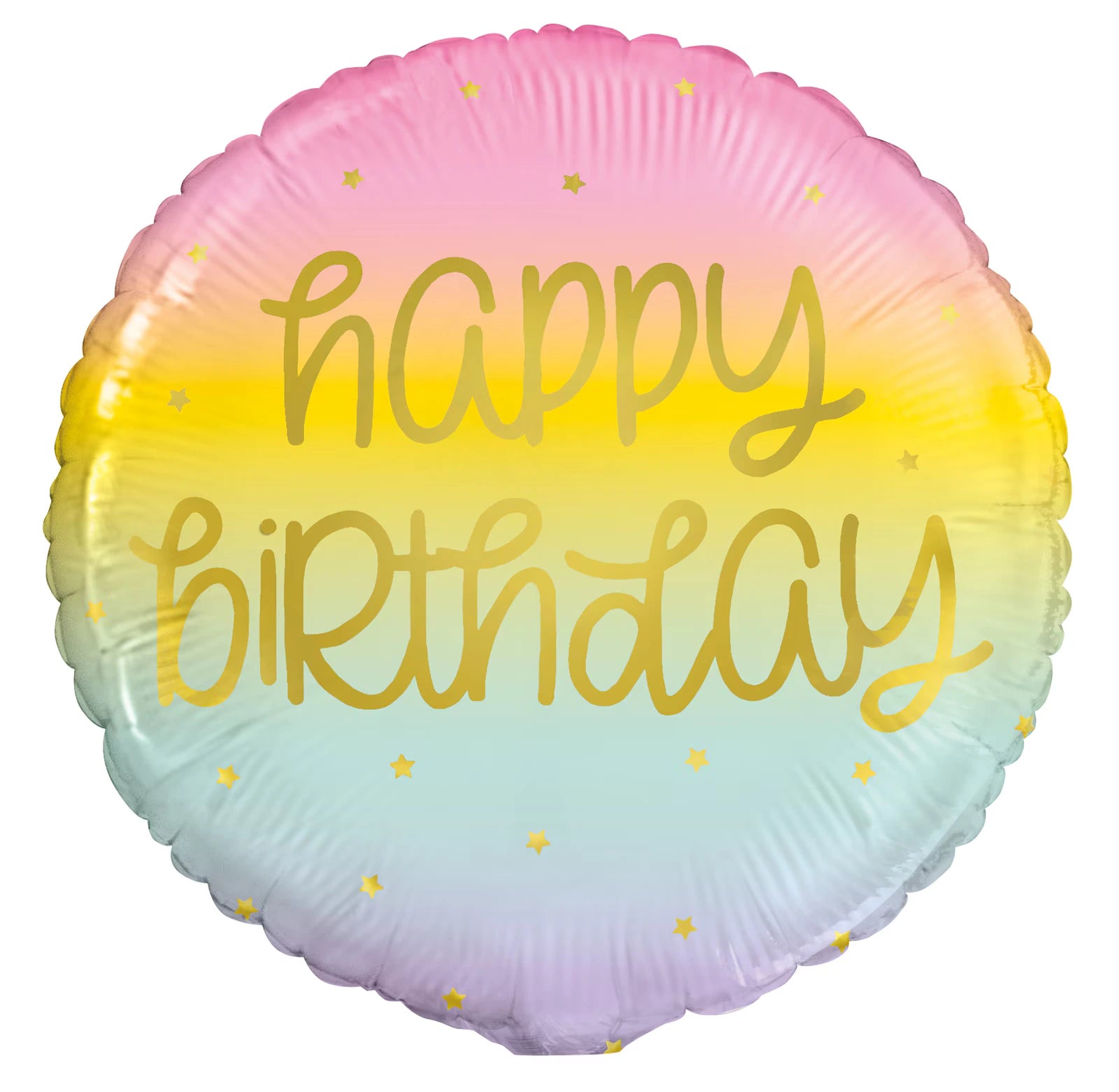 Round foil balloon; Rainbow gradient colours; Gold "happy birthday" text; Small gold star accents; Packaged in clear plastic;