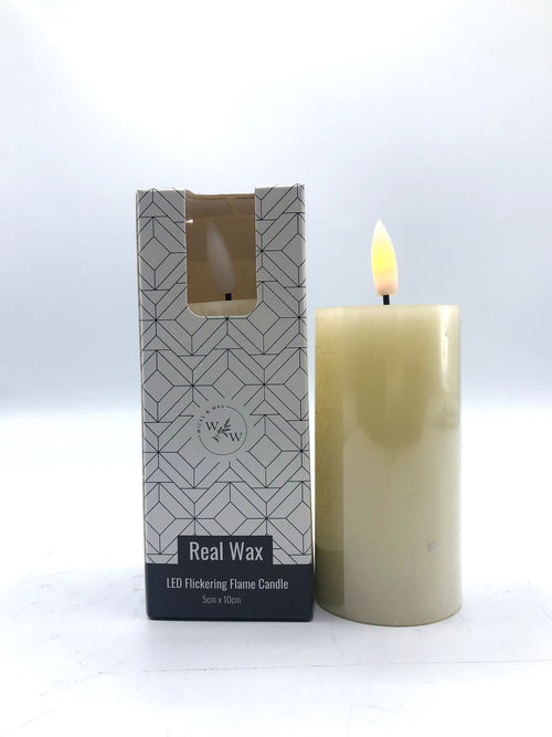 Cream coloured wax pillar candle; 5cm diameter and 10cm height; LED flame flickering light on top; Patterned white and grey box packaging; Flame shape made from translucent material;