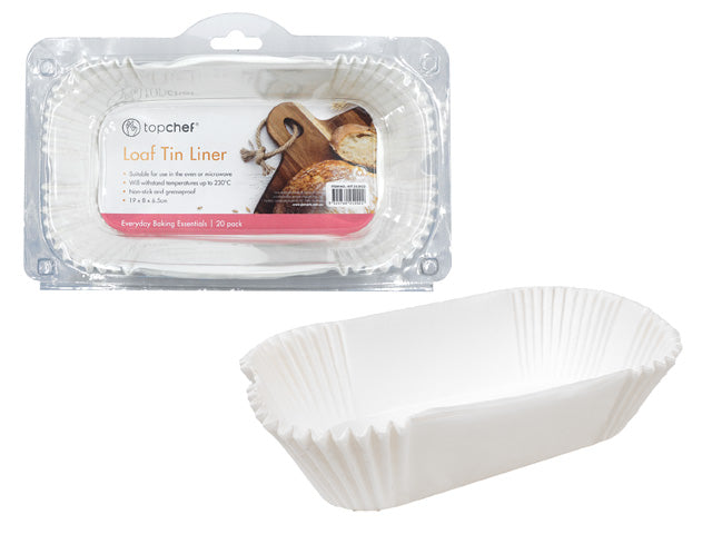 white rectangular paper liners; pack of 20 liners; shown in clear plastic packaging; liner size approx. 19 x 8 x 6.5 cm;