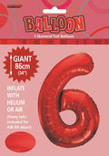 red colour; foil material; number 6 shape; packaged with header card; 34 inch size indicated;