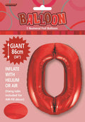 Red foil balloon shaped as the number 0; Glossy metallic finish; Measures 86cm (34 inches) tall; Packaging shows balloon inflated and product details; Hang tabs included for air-fill display;