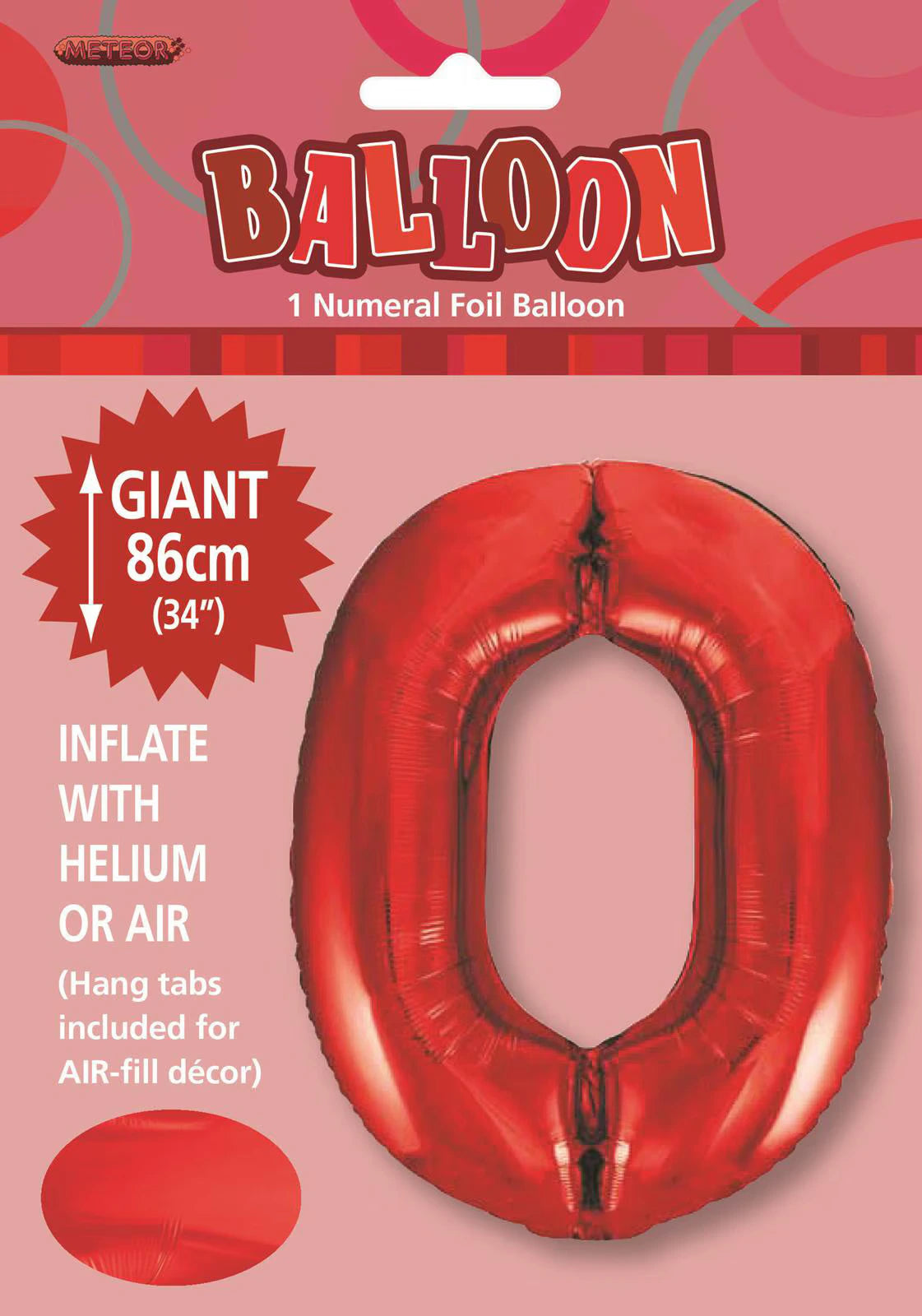 Red foil balloon shaped as the number 0; Glossy metallic finish; Measures 86cm (34 inches) tall; Packaging shows balloon inflated and product details; Hang tabs included for air-fill display;