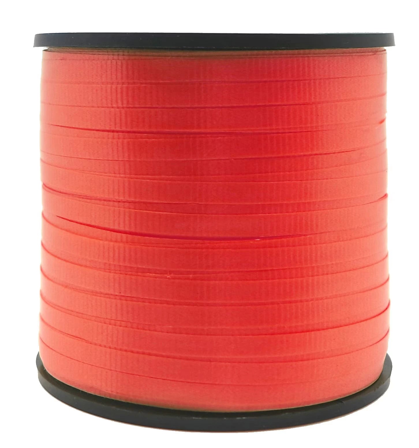 Bright red colour; Long spool shape; Thin curling ribbon wound tightly; Black plastic spool top and base;