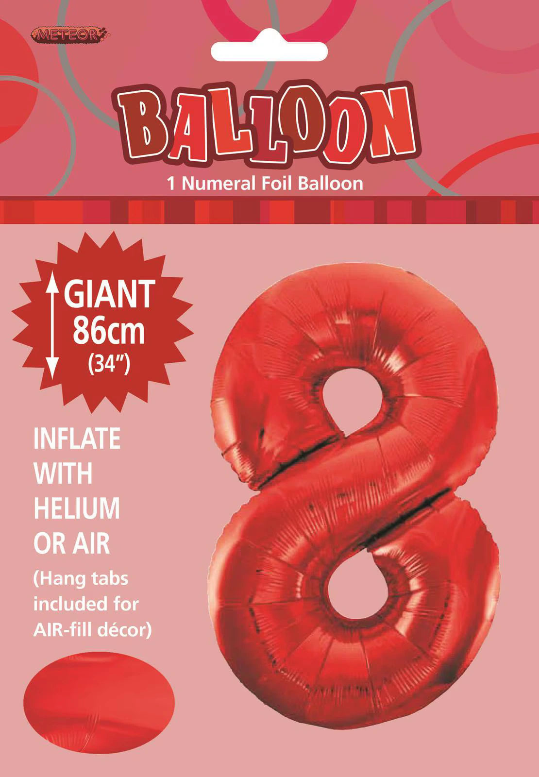 red foil balloon shaped as number 8; 86cm (34 inch) size; shiny metallic finish; packaged with a pink backing card; includes hanging tabs for decor;